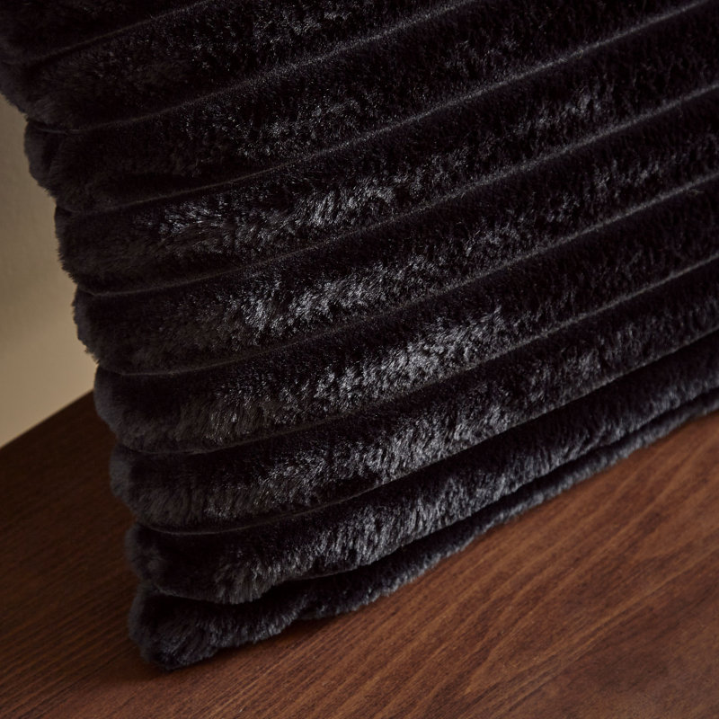 Cosy Ribbed Faux Fur Cushion, Black, Polyester