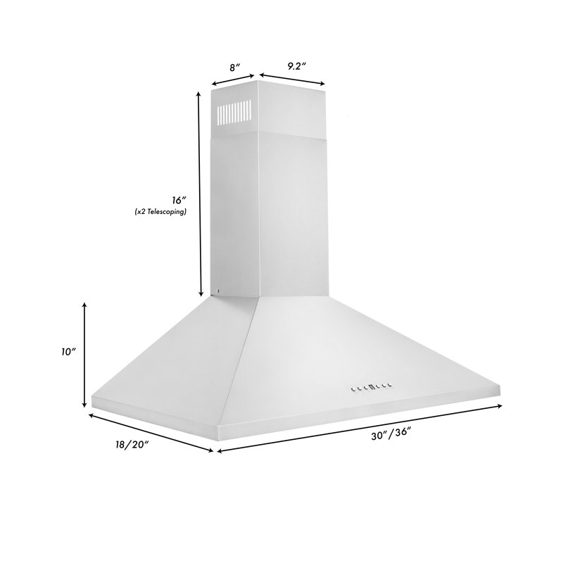 36" KL2 400 CFM Convertible Wall Mount Range Hood in Brushed Stainless Steel, 36