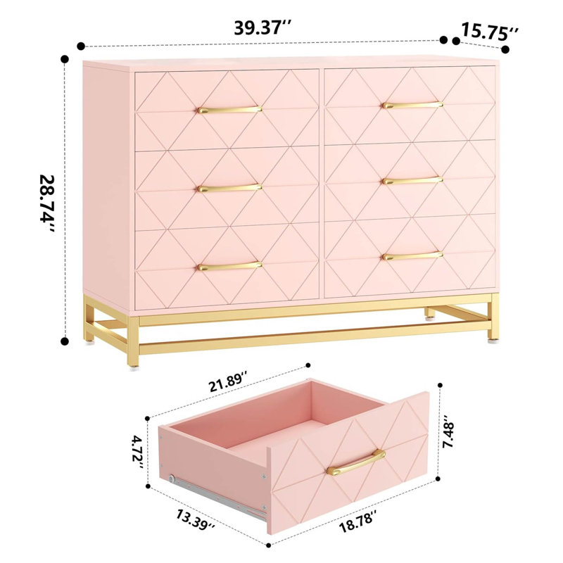 Akia Solid Wood 15.75'' W 6 - Drawer Dresser, Pink