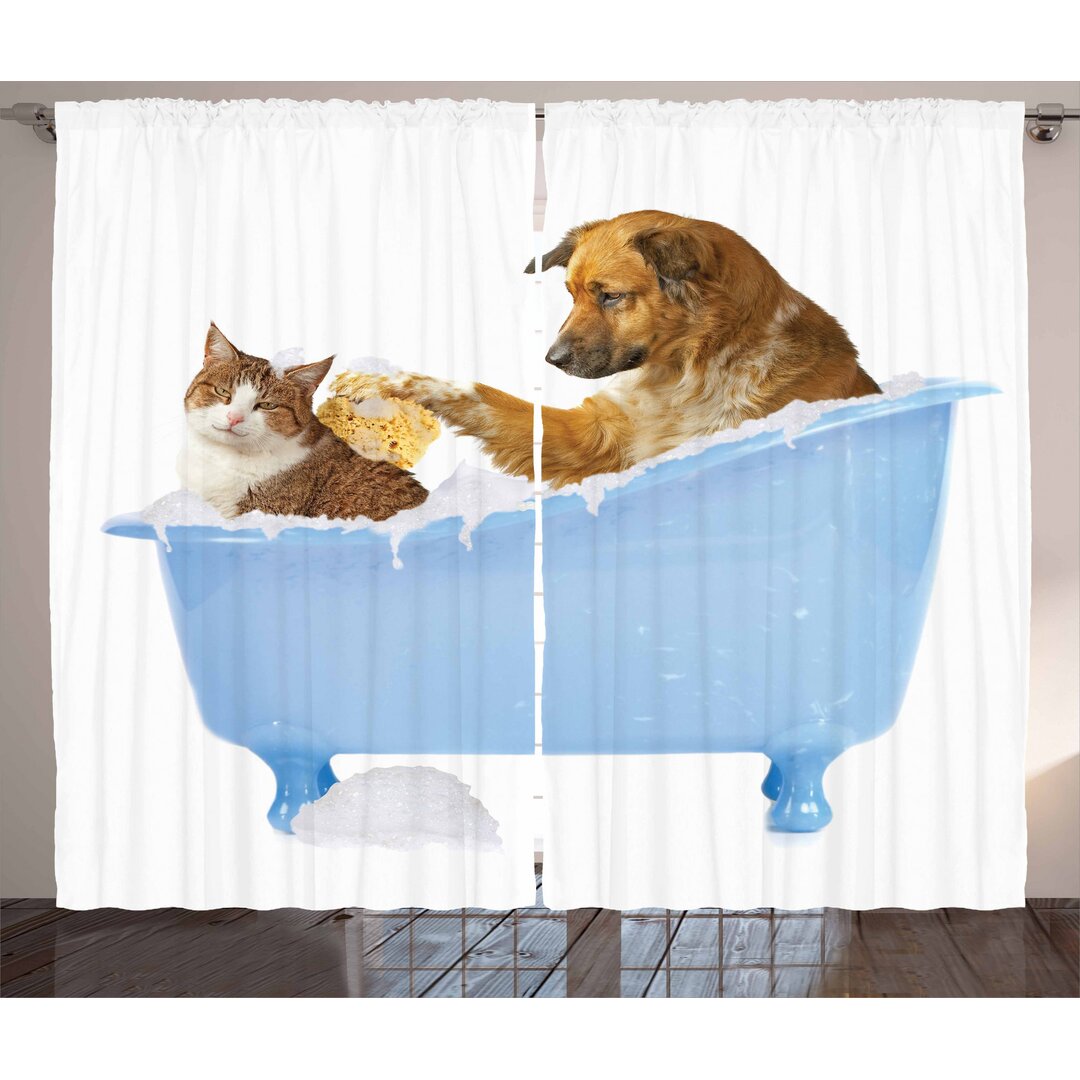 Rustikaler Vorhang, Hund und Katze in der Badewanne, Tiere, Mehrfarbig