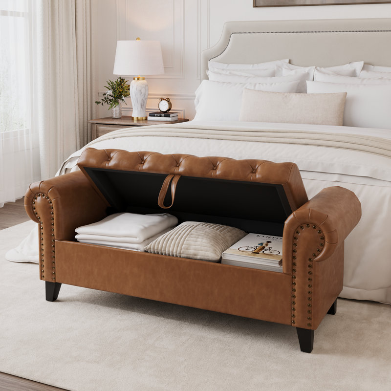 Banc de rangement en similicuir 51 po avec accoudoirs roulés, H 20 po x l 51 po x P 18,5 po, Brun