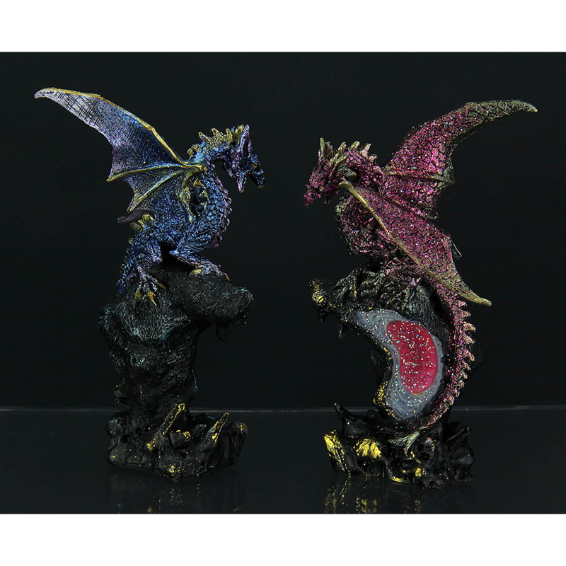 Heloise cold cast resin dueling dragons on faux geode figurines, metallic blue, green, red, pink, gold — set of 4, 5.75″ H x 4″ L x 2″ W