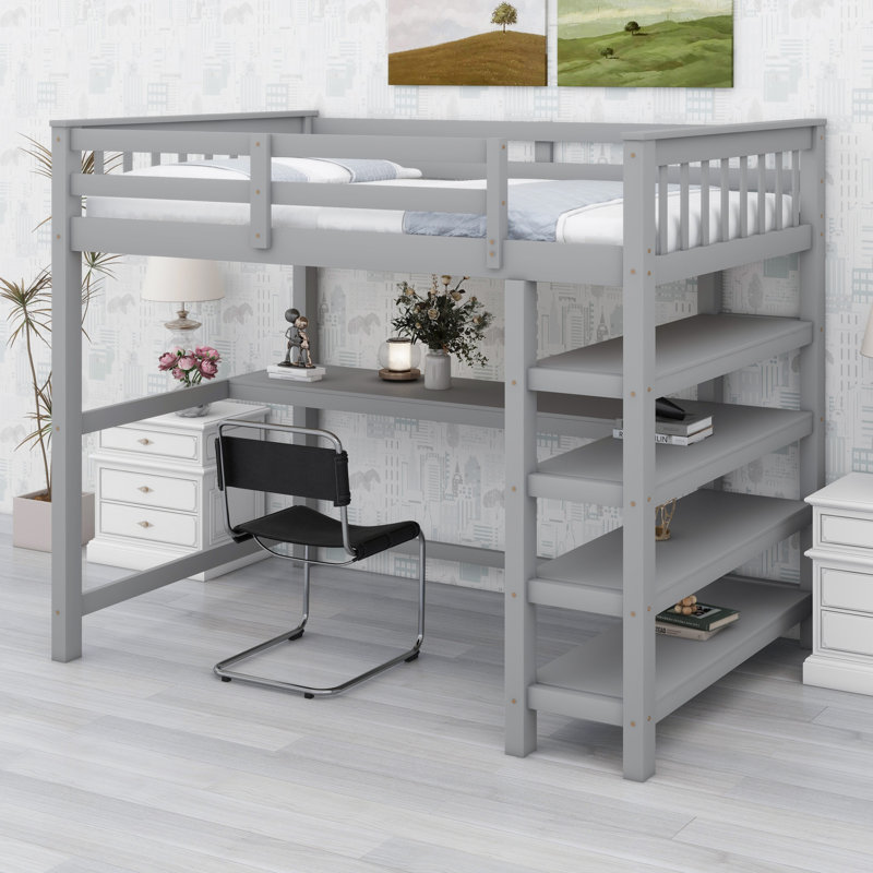 Loft Bed With Storage Shelves And Under-Bed Desk, Grey