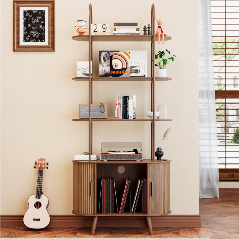 Tall Vinyl Record Player Stand, 4-Tier Bookshelf With Sliding Doors, Walnut