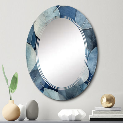 Harmonie de feuilles grises et bleues - miroir mural floral ovale