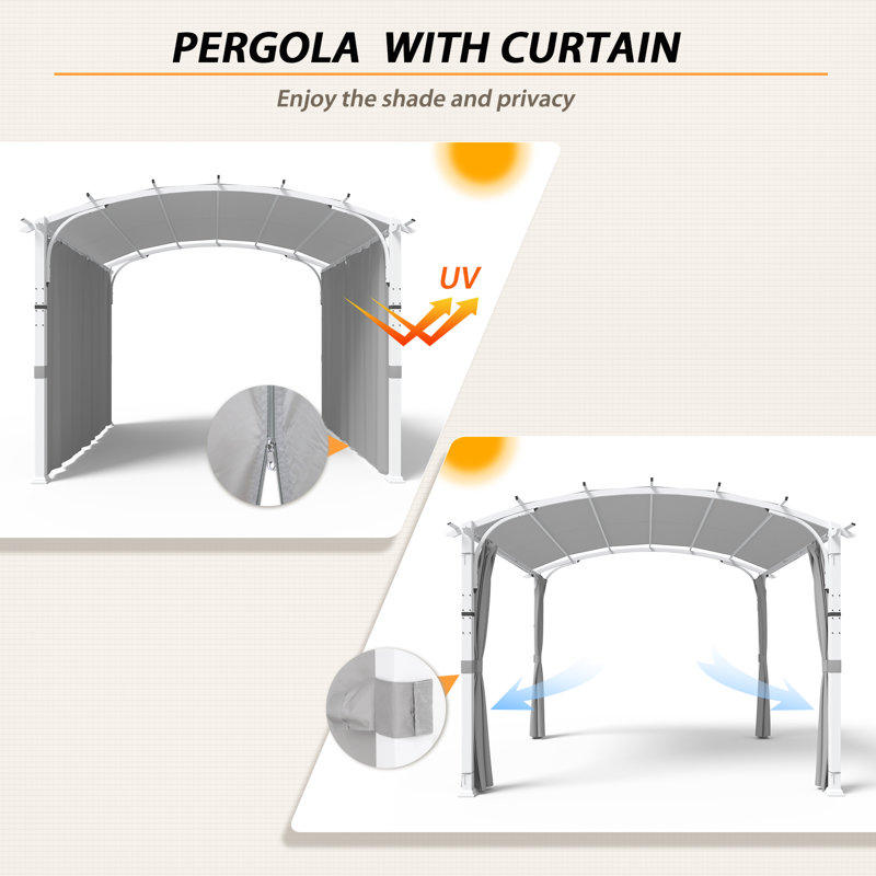 Gray Steel 11x11 Outdoor Pergola with Canopy and Curtains