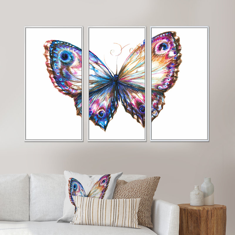 Papillon isolé - 3 pièces, cadre flottant, impression sur toile, L 48 po x H 32 po, Cadre blanc