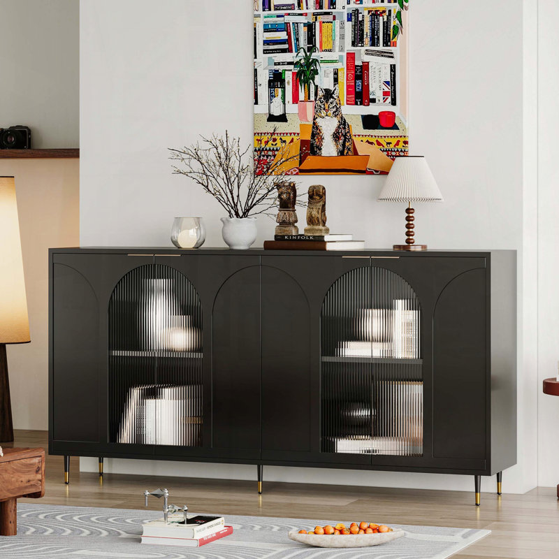 Armoire décorative avec portes en verre trempé cannelé et finition noir mat