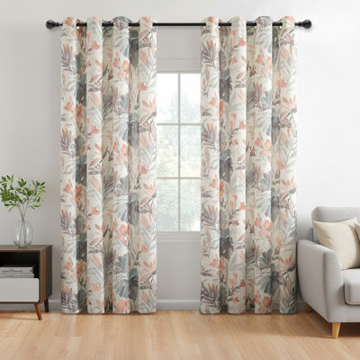 Coral & Natural Linen-Style Grommet Curtains 84" - 2 Panels Light Filtering Cotton Window Drapes