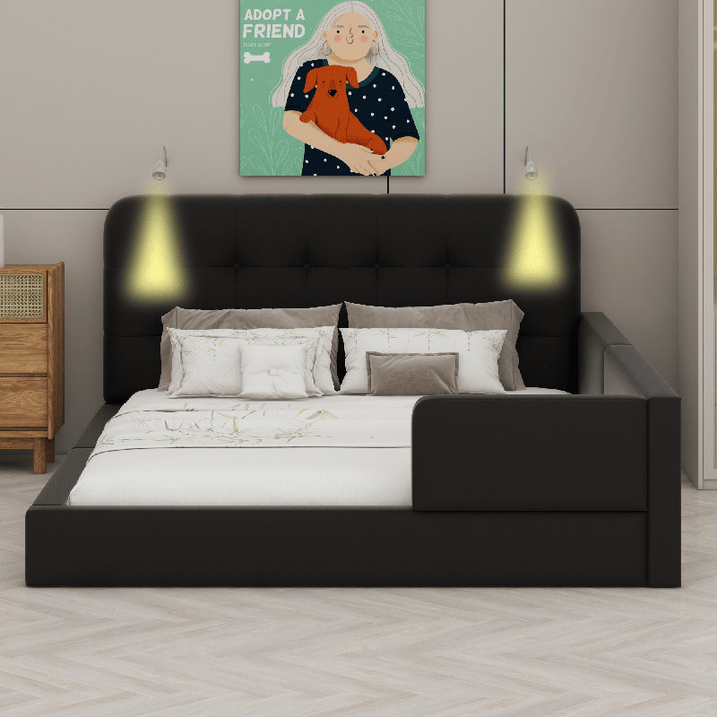 Upholstered Platform Bed With Reading Lights, Black