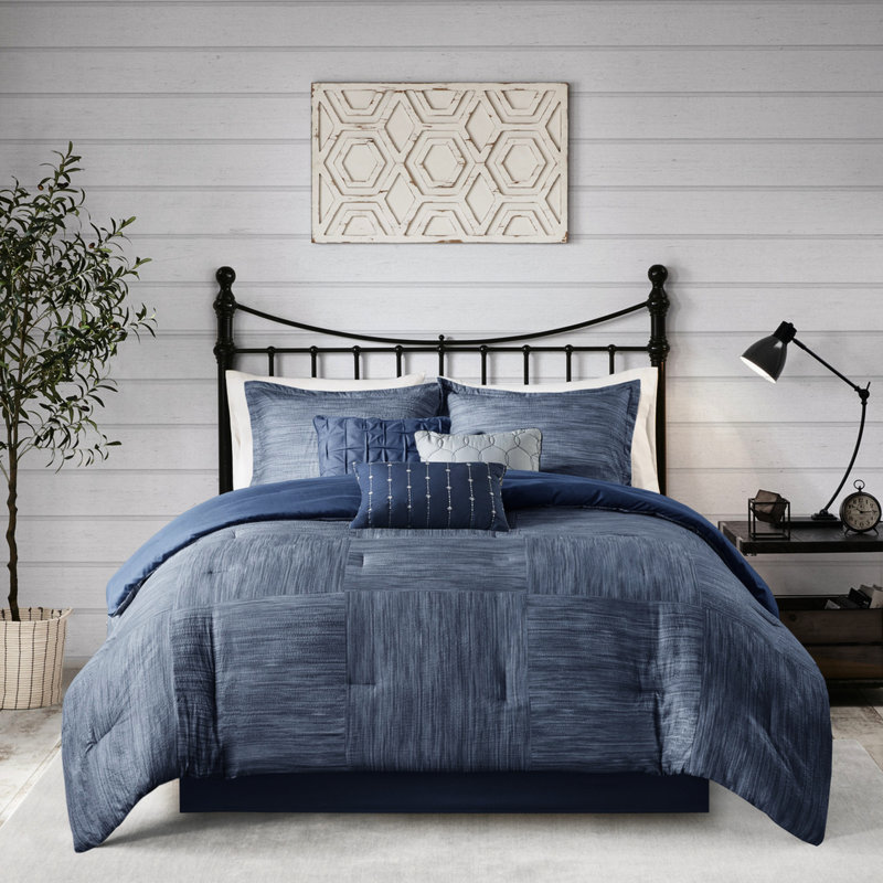 Navy King Printed Seersucker Comforter 7 Piece Cozy Bedding Stylish Pillows