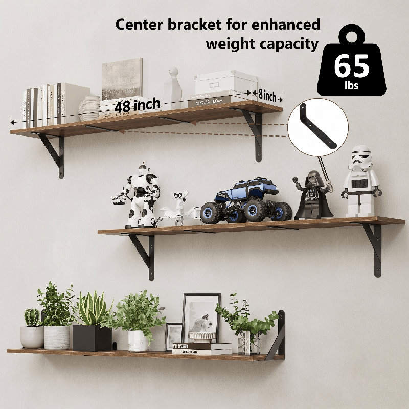 Floating Shelves for Wall 48″W x 8″D, Long Wall Mounted Shelves Set of 3, Wood Book Shelves Decor, Farmhouse Display Shelf for Bedroom, Living Room, Laundry Room, Kitchen, Bathroom, Brown