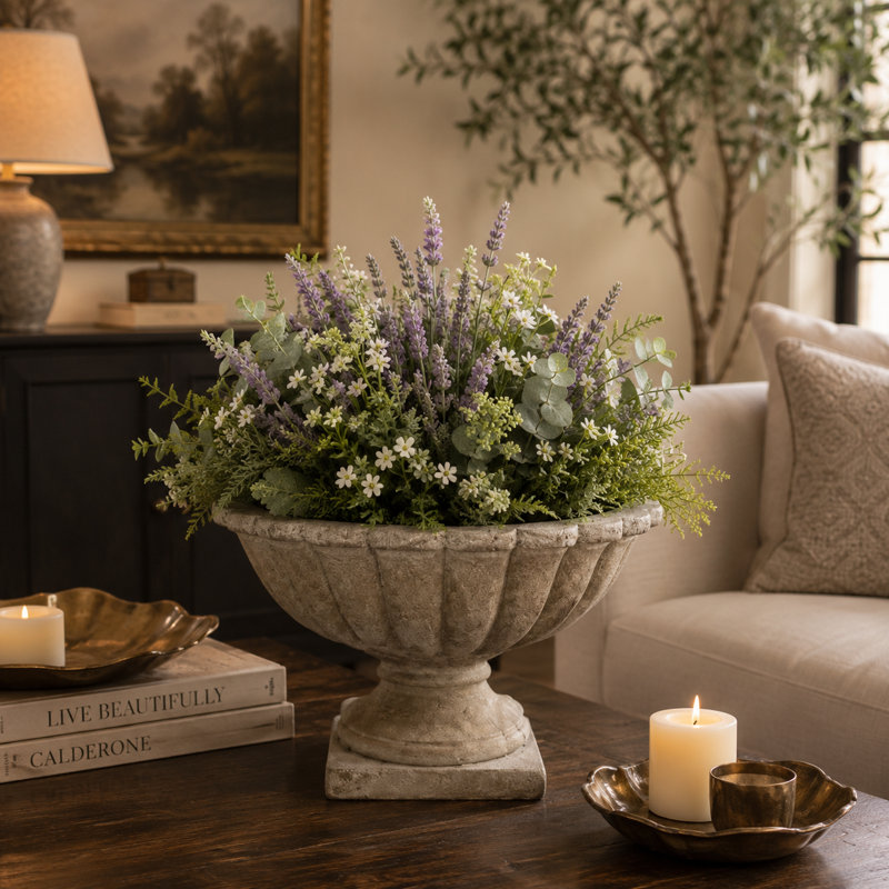 Jardinière en ciment sur piédestal cannelé Denise