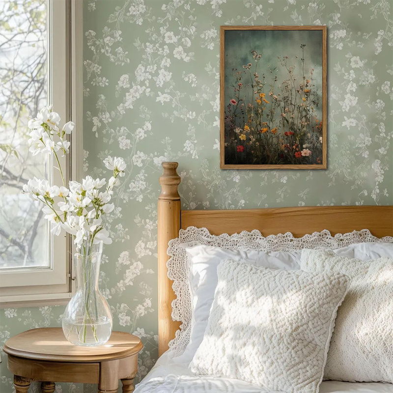 Art mural rétro de fleurs sauvages, décoration murale florale verte, peinture de paysage naturel de grès peinte à la main en 3D