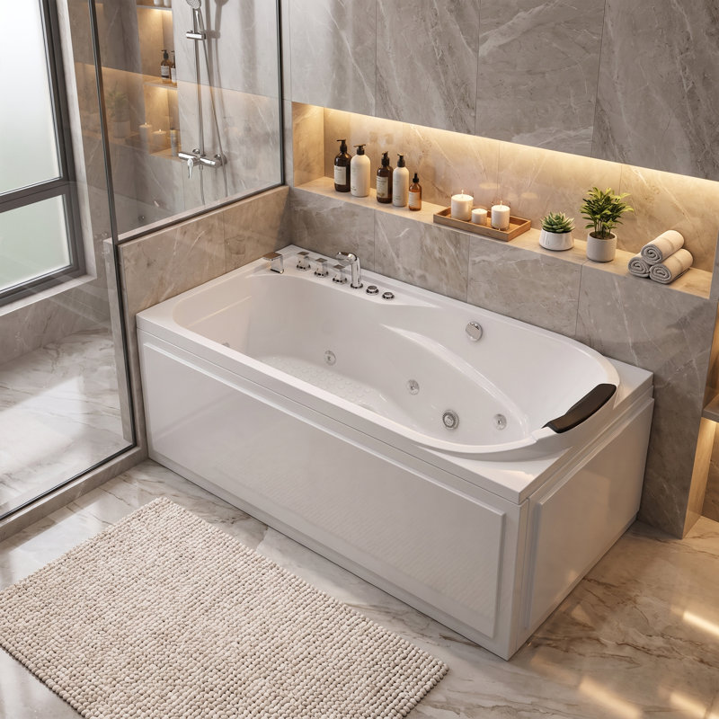 Baignoire tourbillon en acrylique 67 pouces avec 8 jets, drain central, capacité de 660 livres, blanc