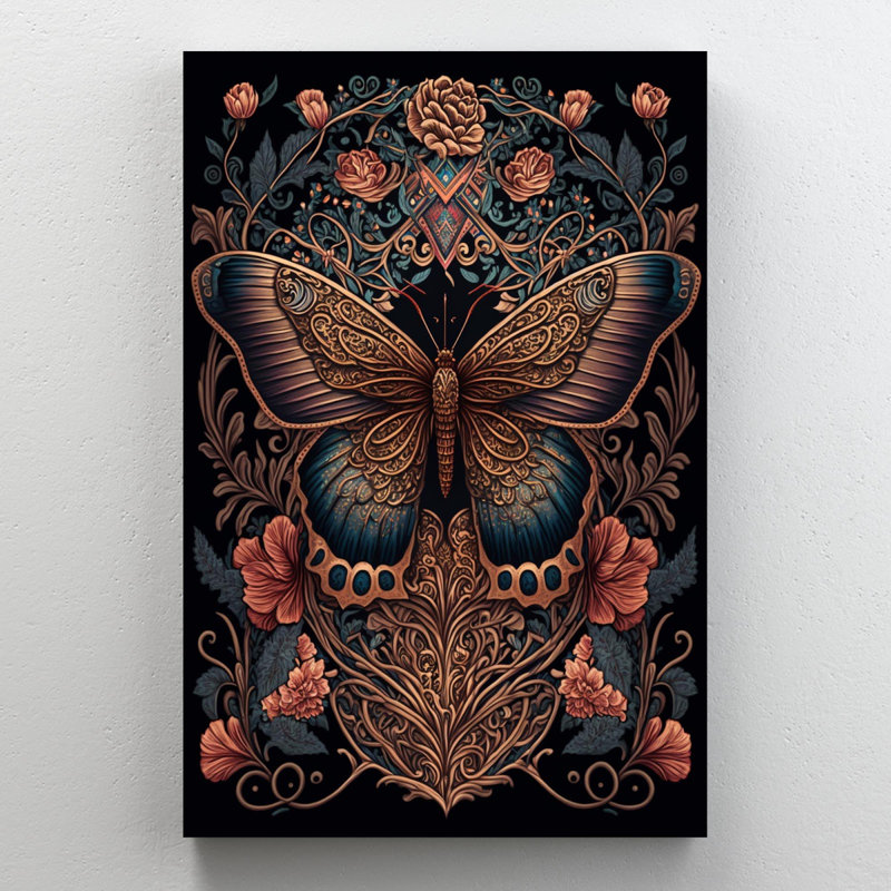 Roses et papillon - impression sur toile tendue, H 36 po x l 24 po x P 1,25 po