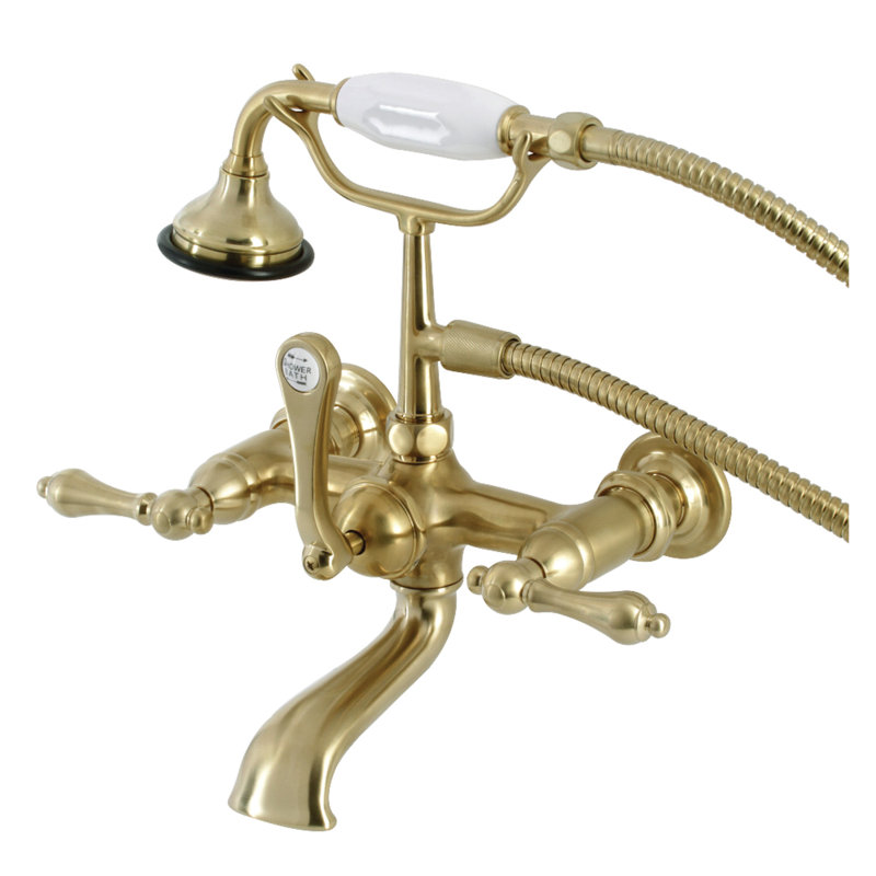Kingston Brass Aqua Vintage Three-Handle 2-Hole Tub Wall Mount Clawfoot Tub Faucet with Hand Shower, Brushed Brass