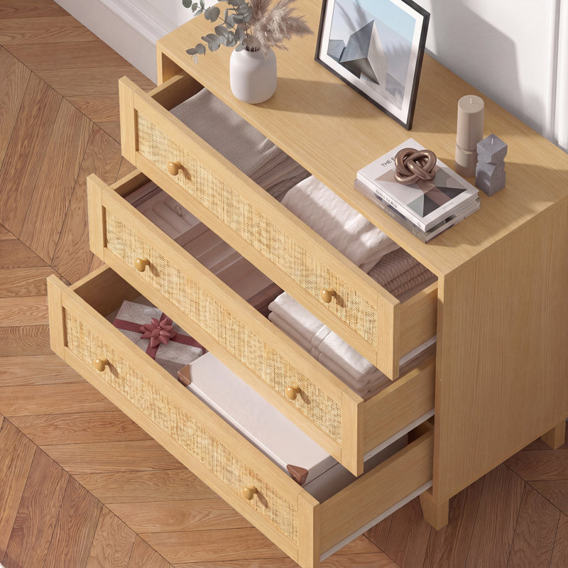 Commode 3 tiroirs, commode, poignées en bois Boho, Naturel