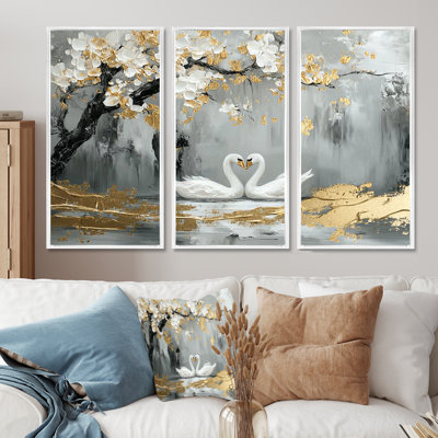 Ensemble de salon gris et or avec cygnes «Love Under Cherry Blossom III»