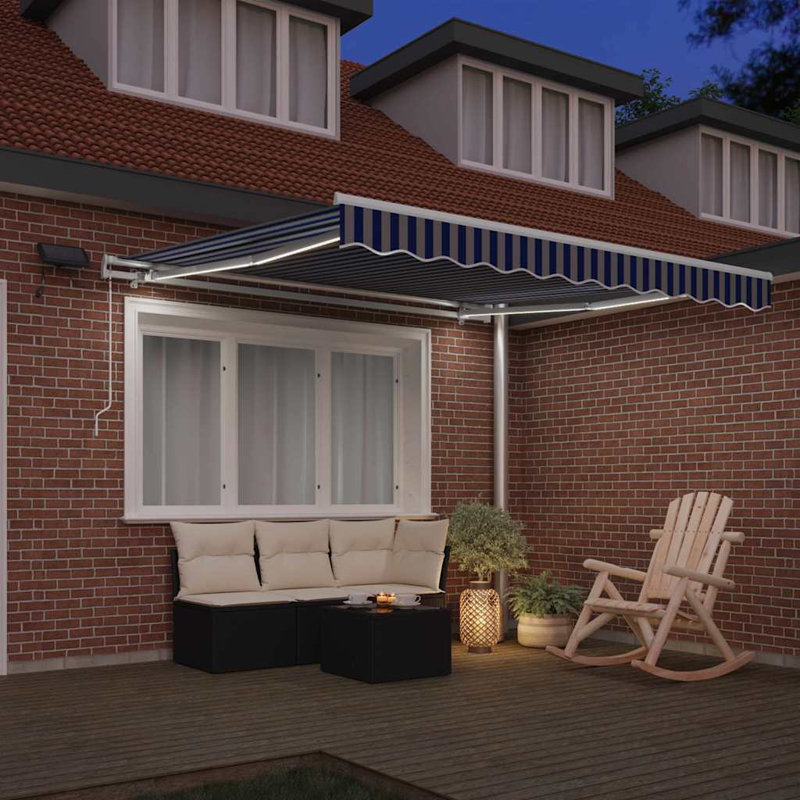 VidaXL Retractable Patio Awning, Blue/White, 165cm H x 350cm W x 250cm D