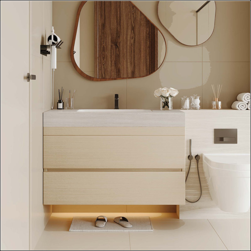 Meuble-lavabo mural 29,9 po avec plateau en faux marbre et tiroirs, Wood, Stone Grey