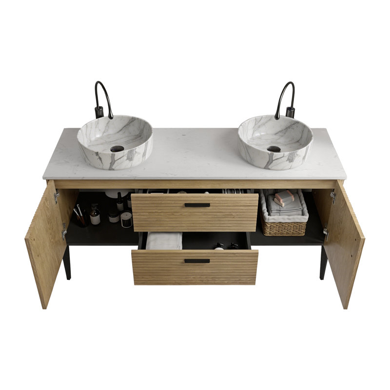 Meuble-lavabo en chêne naturel rayé avec lavabo en céramique blanc Carrara de 60 po Emilia, KD