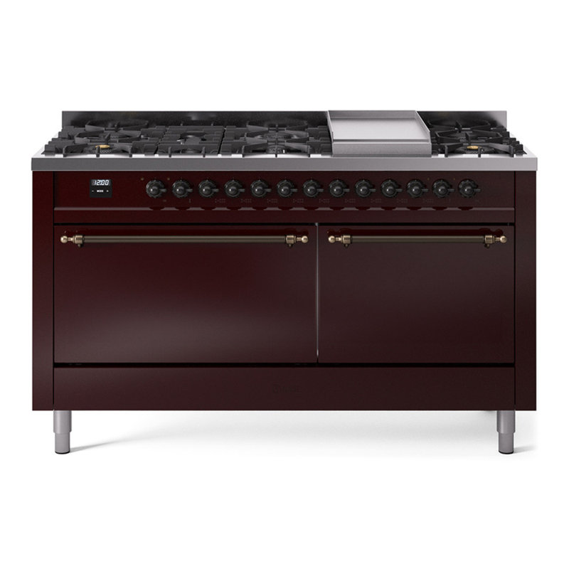 ILVE Nostalgie II 60 in Dual Fuel Range, 9 Burner, Griddle, Natural Gas, Burgundy Red/Burnished