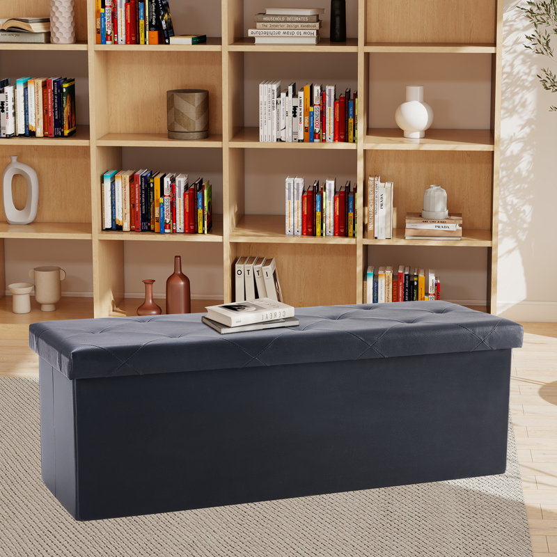 Kesa 43" Wide Tufted Rectangle Standard Ottoman with Storage, Black