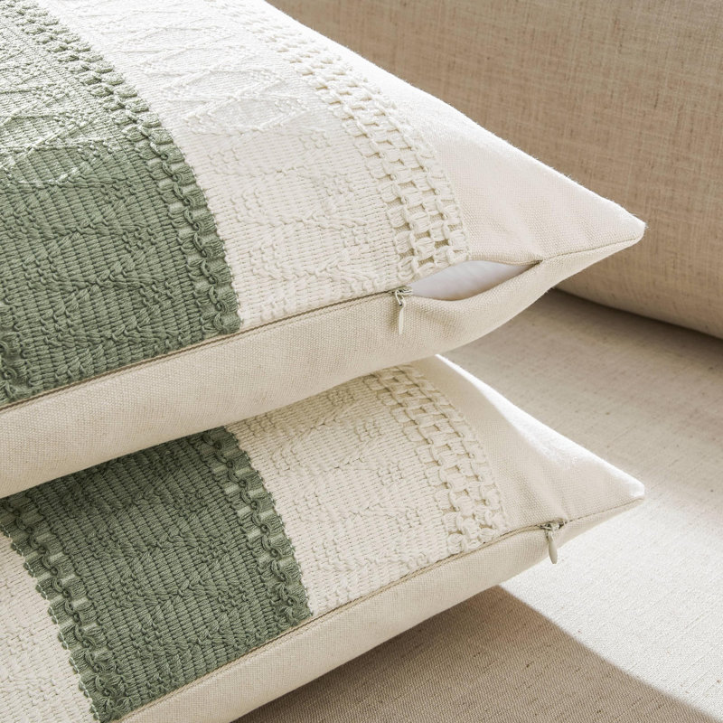Sage Green and Off-White Cotton Boho Throw Pillow Covers 18x18 Inch