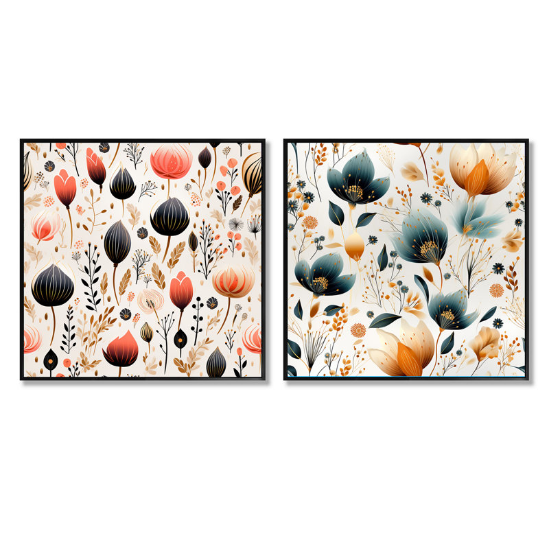 Ensemble de 2 collages carrés botaniques abstraits, Cadre flottant noir, H 16 po x l 33 po