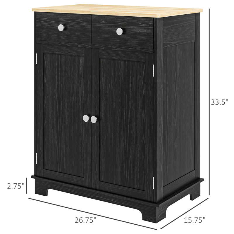 Buffet de rangement de cuisine - comptoir en bois massif, 2 tiroirs, portes, tablette réglable dans une armoire noire patinée avec comptoir moderne pour une utilisation polyvalente