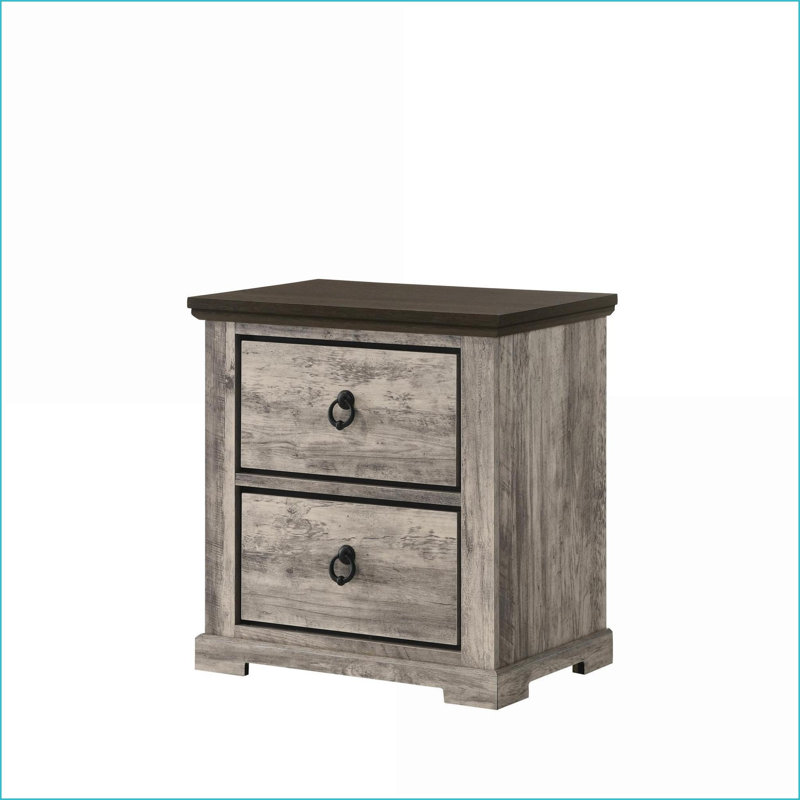 Contemporary Rustic Gray Two-Tone 2-Drawer Nightstand with Metal Knobs