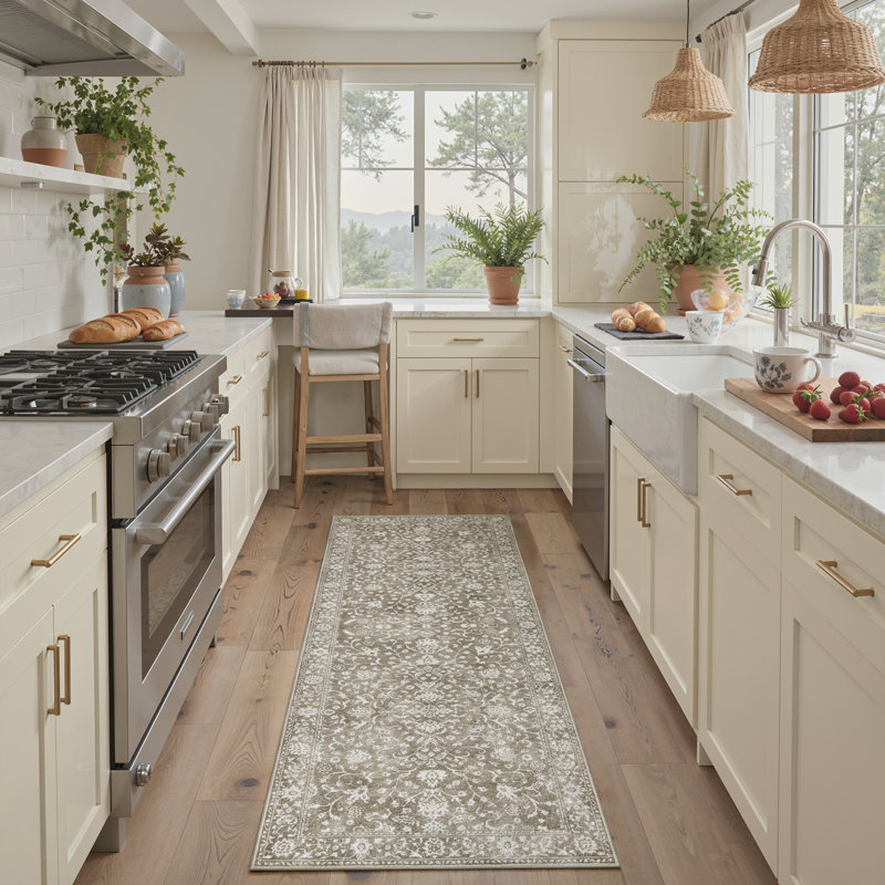 Avesta Oriental Floral Machine Washable Brown / White Indoor Area Rug with Non-Slip Backing, Runner 2' x 7', Beige