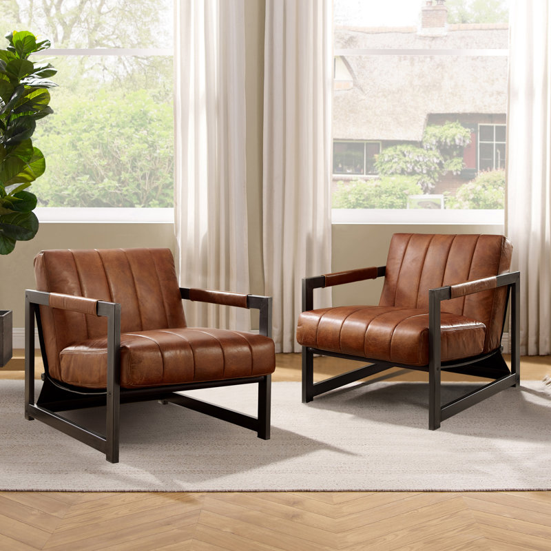 Pascual 26.75'' W Genuine Leather Accent Lounge Arm Chair, Distressed Cognac Genuine Leather