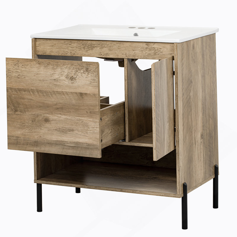 Meuble-lavabo moderne en bois de 30 po avec tiroir coulissant, lavabo en céramique et tablette ouverte pour un rangement efficace