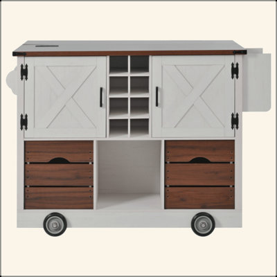 54" Farmhouse Kitchen Island With Drop Leaf, Power Outlet, Kitchen Storage Cart With 2 Doors, 2 Drawers, Rolling Kitchen Island On 4 Large Wheels With