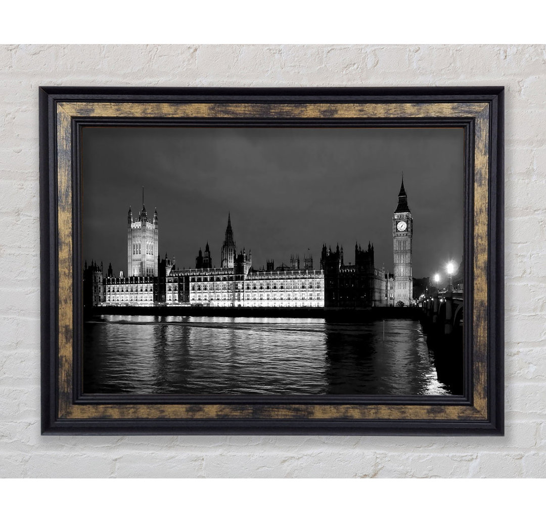 London Thames Houses Of Parliament B N W Night - Einzelne Bilderrahmen Kunstdrucke