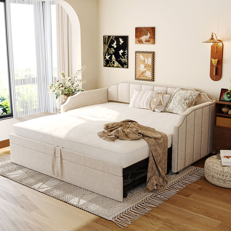 Twin Size Upholstered Daybed with Pop-Up Trundle & USB Charging Ports, Beige, Beige