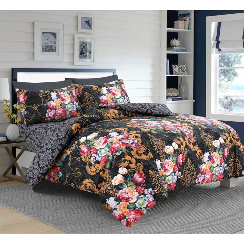 Complete Bedding Set Cotton Rich Floral Duvet Cover, Fitted Sheet & Pillowcases Soft, Breathable & Wrinkle-Resistant