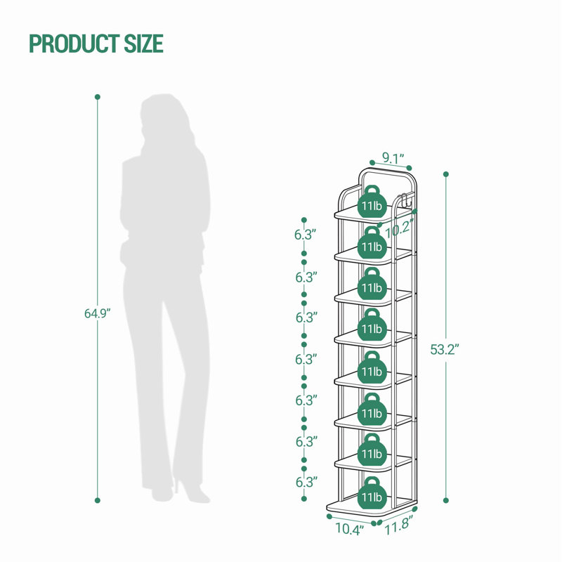Vertical Shoe Rack, Shoe Shelves, Wood Shoe Organizer For Closet, Entryway, Shoe Tower For Small Spaces, Free Standing, Adjustable, With 2 Hooks, 8 Tier Rustic Brown