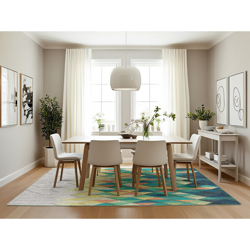 Tapis vert/jaune/gris à motifs, Rectangle 7 pi x 10 pi