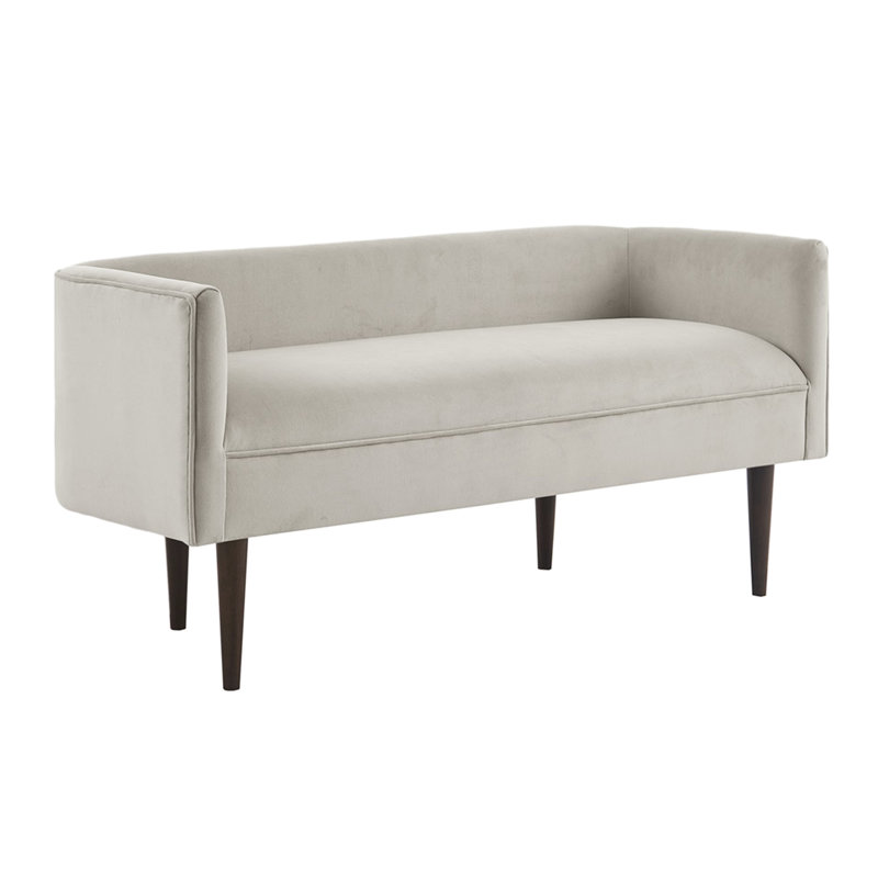 Banc d'appoint en velours crème, pieds en bois massif brun foncé, banc de charme chic transitionnel - Rembourrage