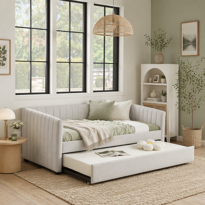 Lit de jour avec canapé-lit rembourré, avec rayures verticales, tissu en lin, Lit simple, Beige
