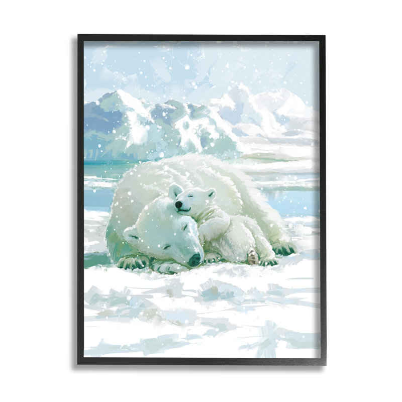 Ours polaires câlins, scène enneigée encadrée sur bois par Pip Wilson, H 30 po x l 24 po x P 1,5 po
