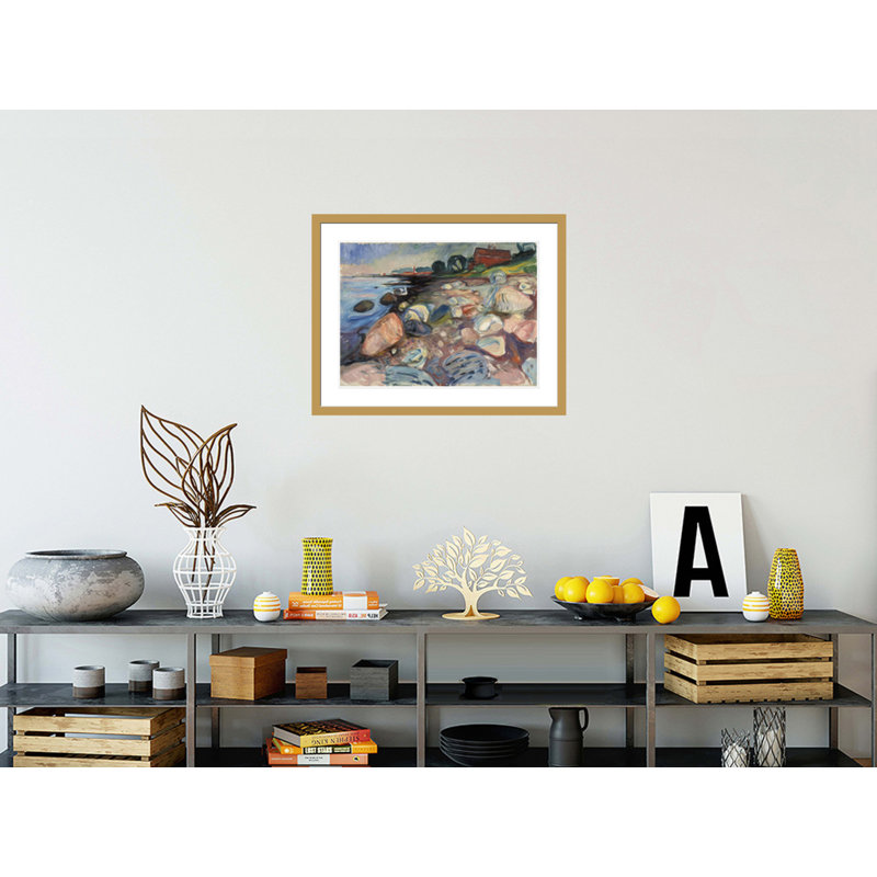 «Shore with Red House» par Edvard Munch - impression giclée encadrée, H 23,31 po x l 29,5 po