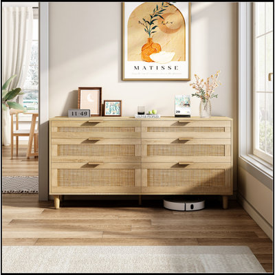 Commode en rotin avec tiroirs, commode à 6 tiroirs pour la chambre à coucher, armoire de rangement pour vêtements pour la chambre à coucher, poignée en métal et pieds en bois pour le couloir, le salon, la chambre à coucher