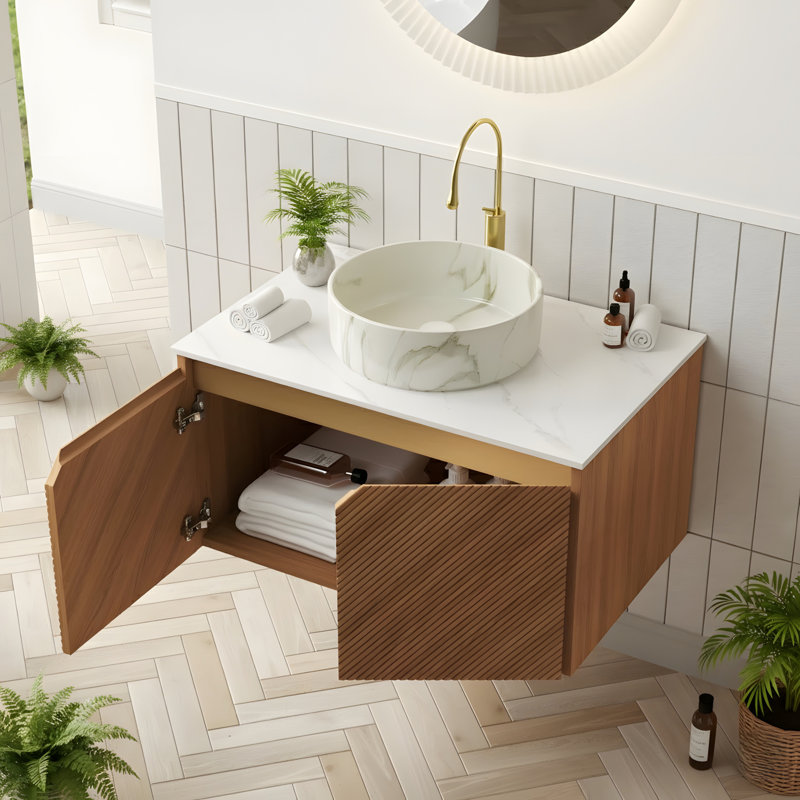 Meuble-lavabo et lavabo, lavabo rond en céramique blanche à motif de pierre