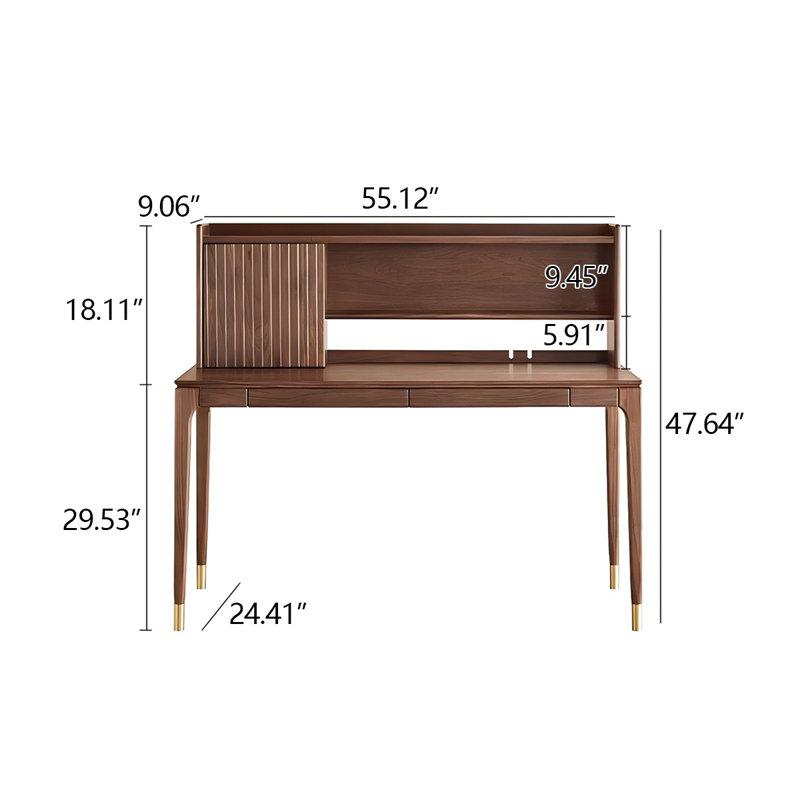 Bureau d'écriture rectangulaire en bois de noyer brun avec bibliothèque 55,12 ", H 47,64 po x l 55,12 po x P 24,41 po