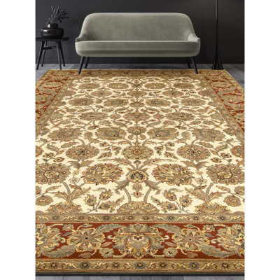 Tapis ivoire et rouge noué à la main de haute qualité
