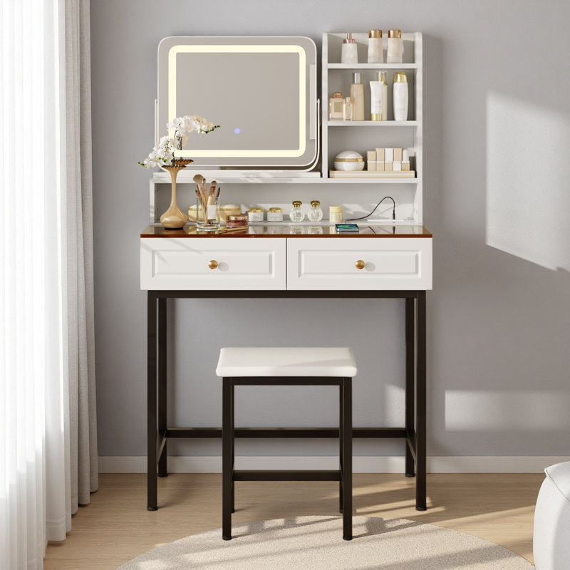 Makeup Vanity With LED Lighted Mirror, 360° Rotatable Mirror, Vanity Desk With 2 Drawers,Power Outlet And 3-Tier Shelves